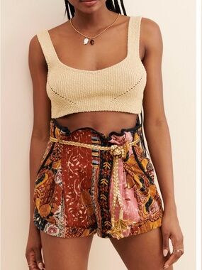 Free People Mixed Patchwork High Waist Shorts in Rust & Pink